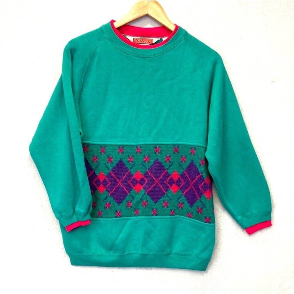 Vintage 80s Eileen Sweatshirt Small Teal Purple Pink Diamond Knit Colorful Retro